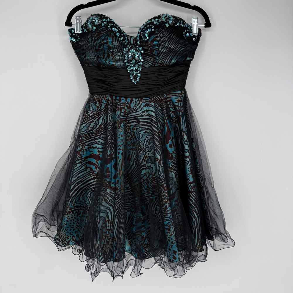 BEYOND DIVISION OF JOVANI STRAPLESS MINI DRESS BLUE ZEBRA PRINT EMBELLISHED SZ 4
